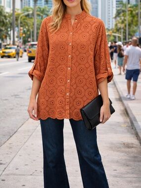 Italian Cotton Eyelet Button-Up Blouse